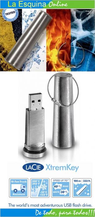 Memoria USB de 64GB Indestructible marca LaCie.